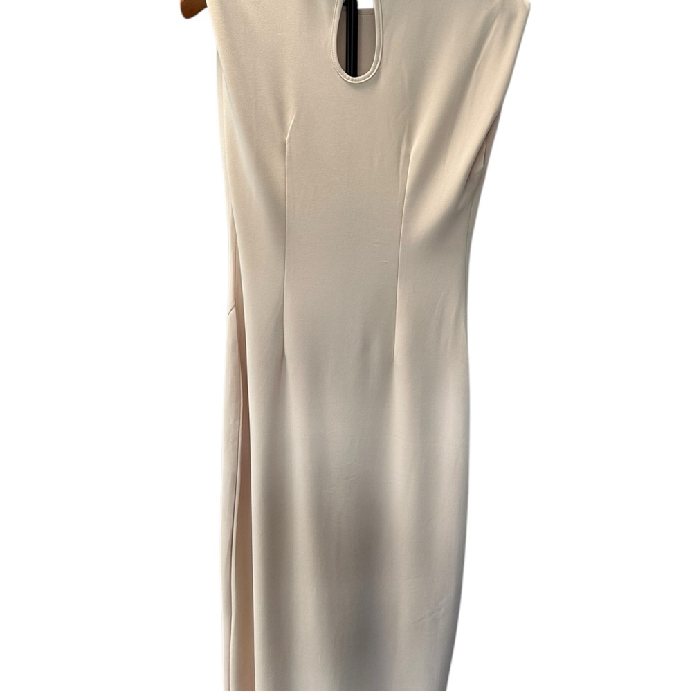 Sleeveless Midi Sheath Dress Womens Beige Side Slit Woven Belt Accent